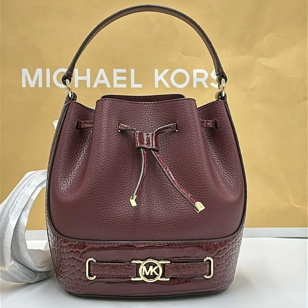 MICHAEL KORS  Reed Medium Pebbled Leather Bucket Bag Satchel Crossbody Oxblood